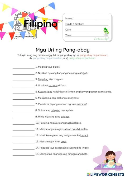 Mga Uri ng Pang-abay - HuntersWoodsPH.com Worksheet