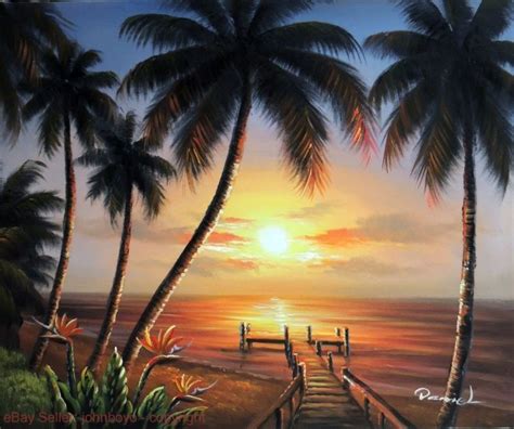 Painting: Hawaii Tahiti Beach Sunset Sand Pier Dock Bird Of Paradise ...