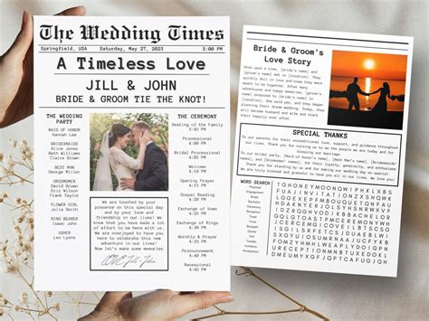 Newspaper Wedding Program Template Printable Wedding Program Timeline ...