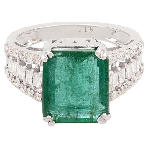 Natural Emerald Gemstone Ring Diamond 18 Karat White Gold Handmade Fine ...