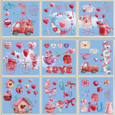 9 Sheets Valentine's Day Window Clings, Valentines Window Decals ...