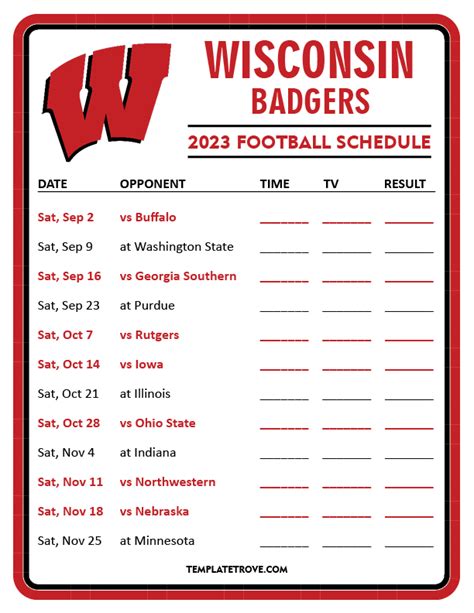 Badger Football Schedule Printable