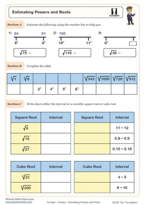 Estimating Values of Powers and Roots Worksheet | Cazoom Maths Worksheets