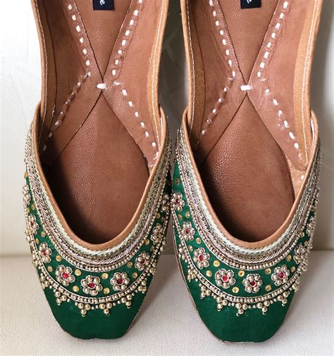 Punjabi Jutti for Women Green Embroidered Wedding Shoes | Etsy