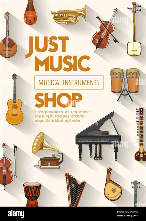 Music shop, musical instruments and sound band equipment. Vector folk ...