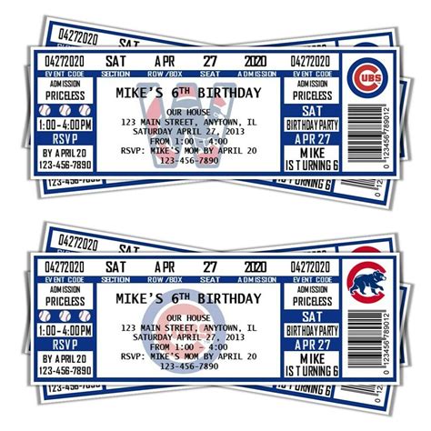 Chicago Cubs Horiz Vintage Baseball Ticket Style Invite