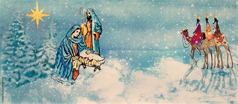 Nativity scene with three wise men. Watercolor greeting card. Stock ...