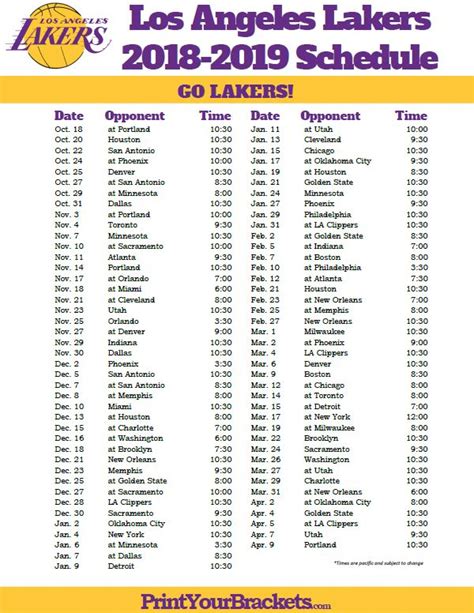 Lakers Schedule Printable - Printable Templates