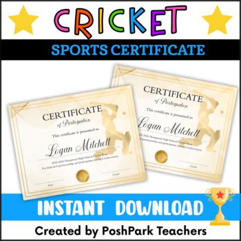 Editable Cricket Certificate Template by PoshPark Teachers | TpT