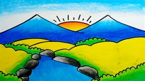 How To Draw Mountain And Rice Field Scenery Beautiful |Drawing River ...