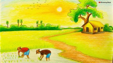 How to draw a village scenery Step by step / Landscape Drawing ...