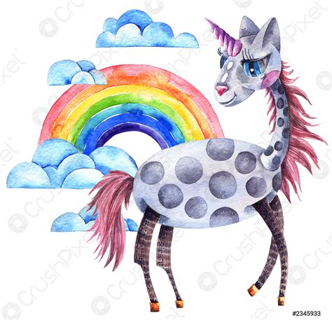 Watercolor unicorn, rainbow and clouds - stock photo 2345933 | Crushpixel