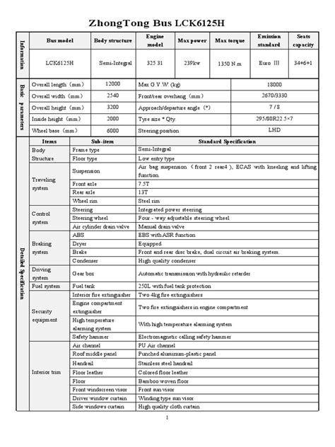 Zhongtong Bus LCK6125H City Bus Specs 20210727 | PDF | Window | Steering