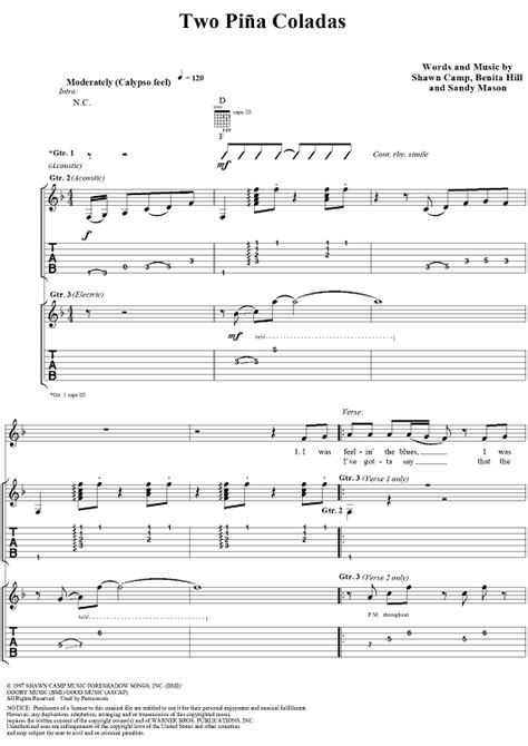 Two Piña Coladas" Sheet Music by Garth Brooks for Guitar Tab/Vocal ...