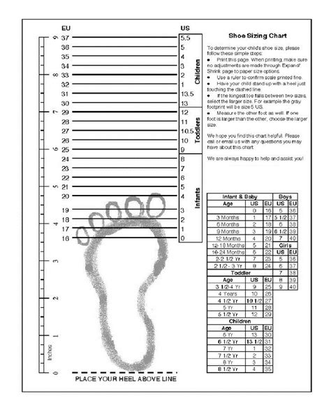 Printable Shoe Size Chart | Activity Shelter