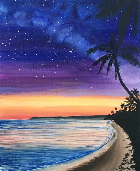 an acrylic painting of a beach with palm trees and the ocean at night