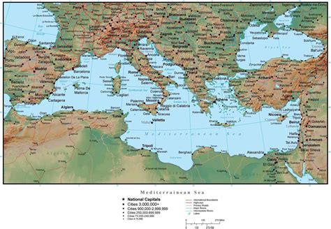 Mediterranean Map Plus Terrain with Countries, Capitals, Cities, Roads