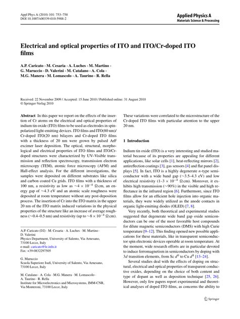 (PDF) Electrical and optical properties of ITO and ITO/Cr-doped ITO films