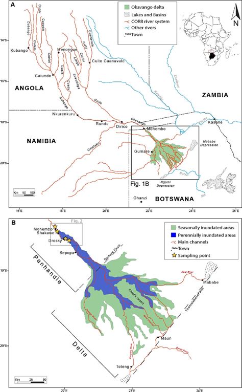 A. Map of the Cubango-Okavango River system showing rivers (red) and ...