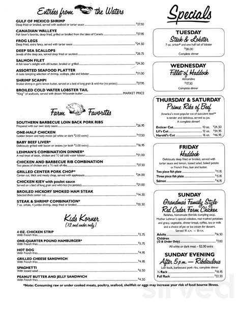 Lehman's Supper Club menu in Rice Lake, Wisconsin, USA