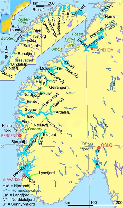 Norge fjorde kort - Kort over Norge viser fjorde (i det Nordlige Europa)