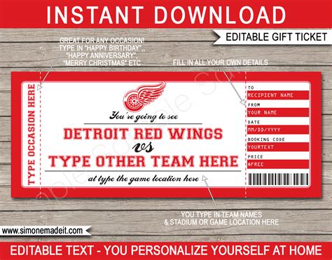 Detroit Red Wings Game Ticket Gift Voucher | Printable Surprise Hockey ...