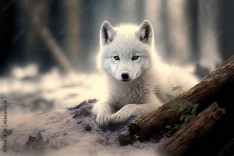 Portrait of a white baby wolf. Arctic wolf cub on nature background. AI ...