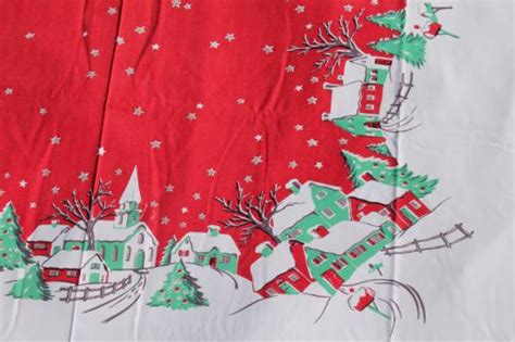 vintage Christmas linens, lot holiday print cotton tablecloths & cloth ...