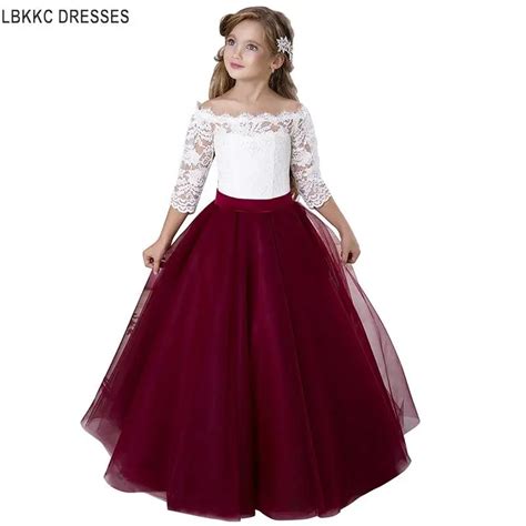 Burgundy With Lace Lace Long Boat Neck Flower Girl Dress Graduation ...