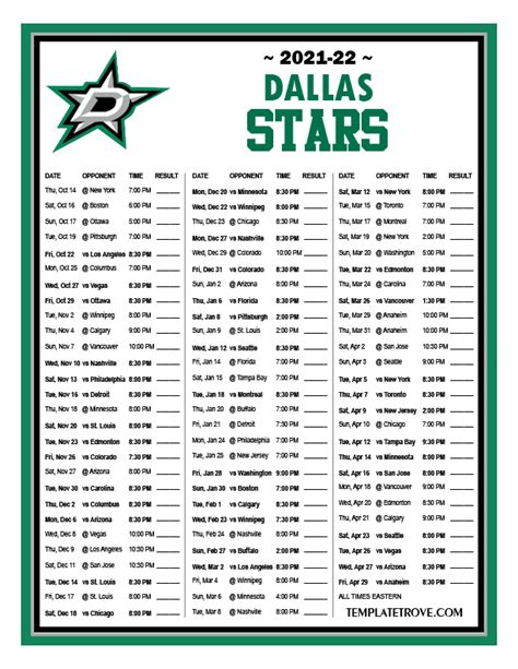 Printable 2021-2022 Dallas Stars Schedule