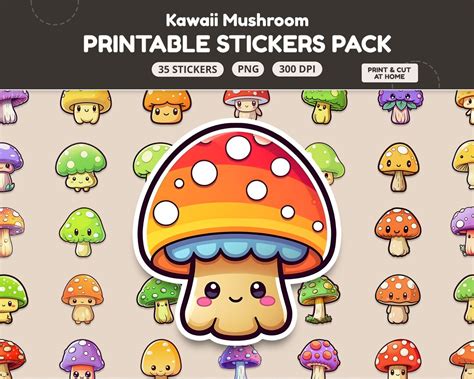 Kawaii Mushroom Printable Stickers PNG SVG, Mushroom Sticker, Printable ...