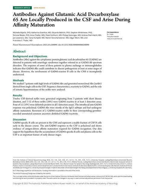 (PDF) Antibodies Against Glutamic Acid Decarboxylase 65 Are Locally ...