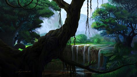 ArtStation - environment digital painting falls at forest