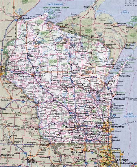 Large Detailed Roads And Highways Map Of Wisconsin State With All ...