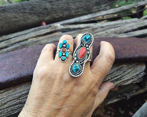 Vintage turquoise ring with coral, Southwestern jewelry, knuckle ring ...