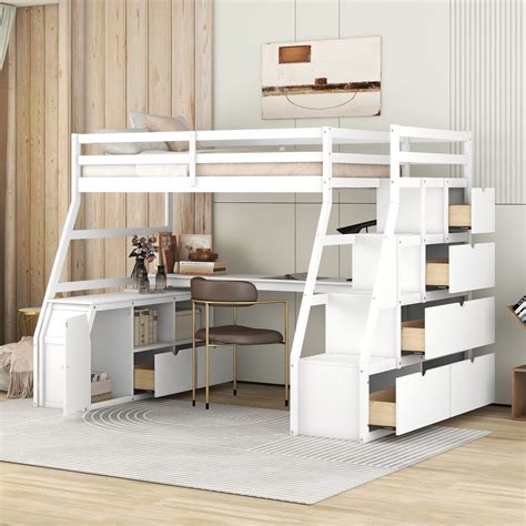 Buy Twin Size Loft Bed with Stairs and Long Desk, Wooden Study LoftBed ...