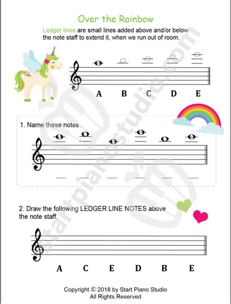 Over the Rainbow Ledger Line Note Worksheet - Piano Heroes