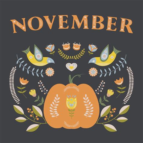 November word. Autumn illustration in folk style with pumpkin, birds ...