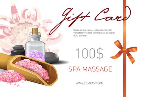 Gift card, spa massage lettering and salt in scoop. Spa salon gift ...