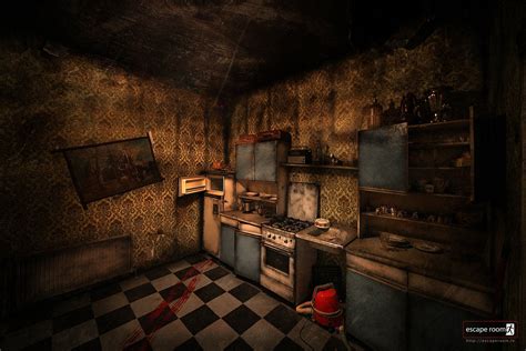 an old fashioned kitchen with checkered flooring and wall paper on the ...