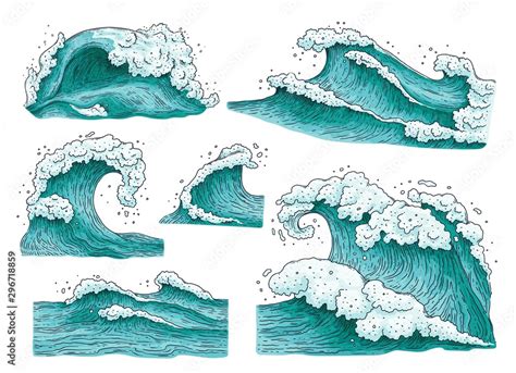 Set of hand drawn ocean water waves cartoon vector illustrations ...