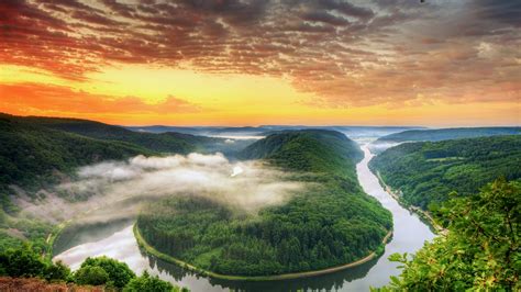 Germany scenery, Saarland, the river bend, mountains, sunset, orange ...