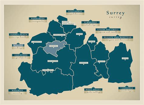 Modern Map Surrey County With District Labels England Uk Illustration ...