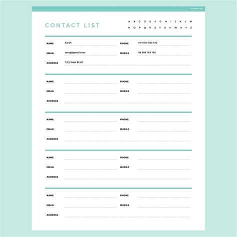 Contact List Template Editable | Instant Download Fillable PDF | A4 and ...