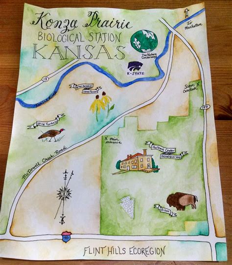 Hand-drawn watercolor calligraphy map of Konza Prairie in Kansas...what ...