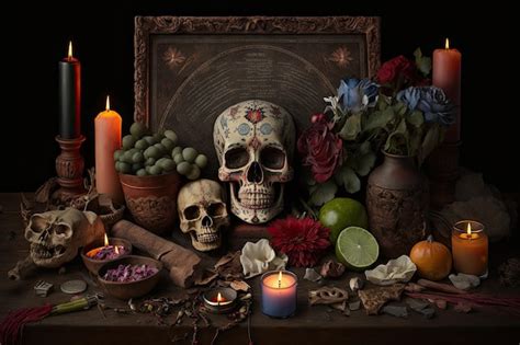 Premium AI Image | Day of the dead altar with offerings and candles to ...