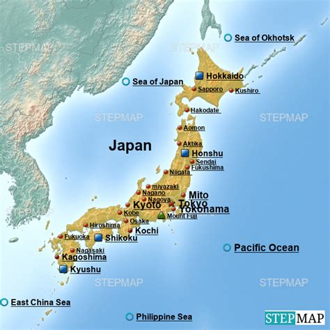 StepMap - Japan Cities, oceans, mountains, capital - Landkarte für Japan