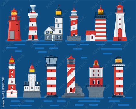 Cartoon lighthouse set. Red striped sea guiding light houses buildings ...