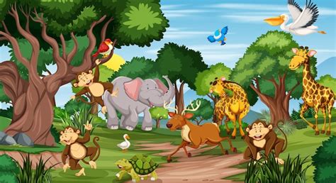 Free Vector | Many different animals in the forest scene