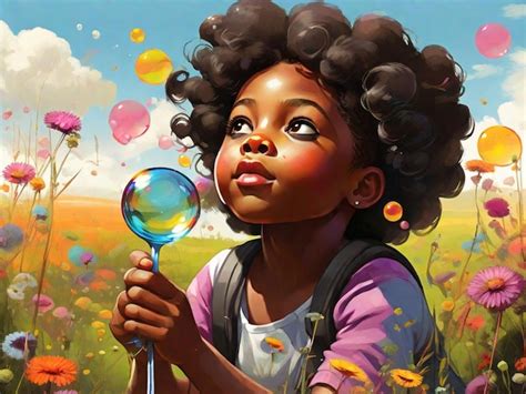 Premium AI Image | illustrate a black child blowing colorful bubbles